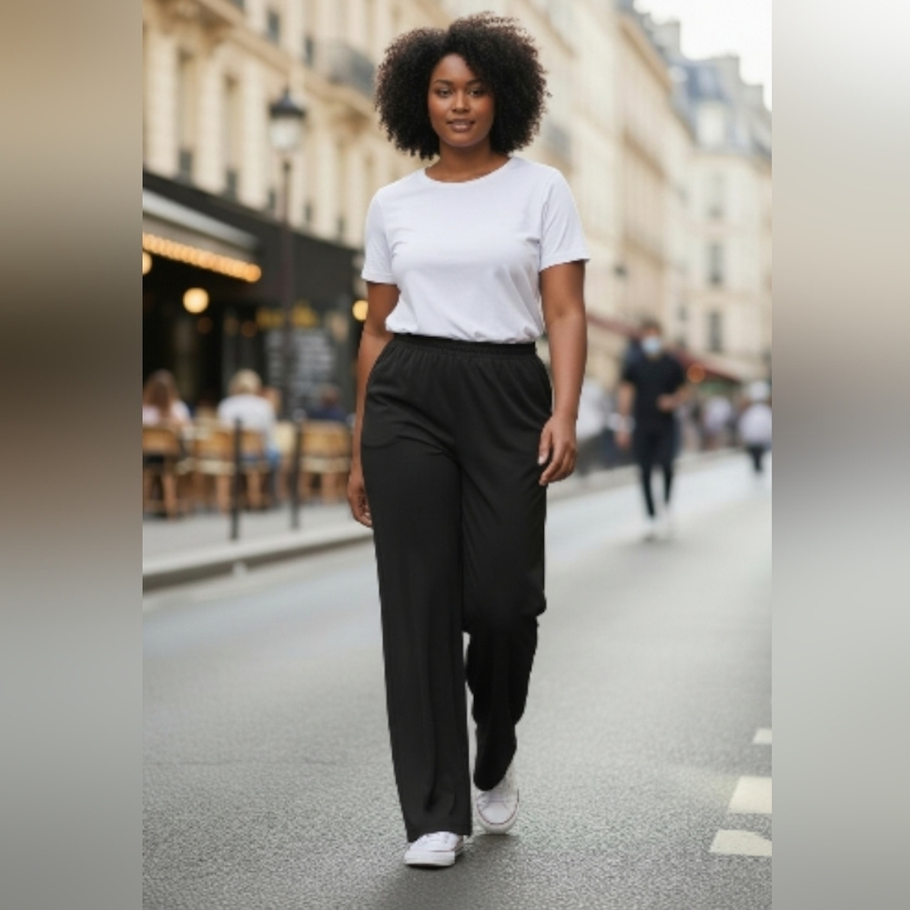 Womans Large Black Wide Leg Pants Light Weight Polyester Pull On L